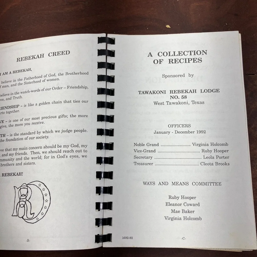 VTG 1992 West Tawakoni Texas Rebekah Lodge 58 Cookbook Seasoned With Love Vol 1